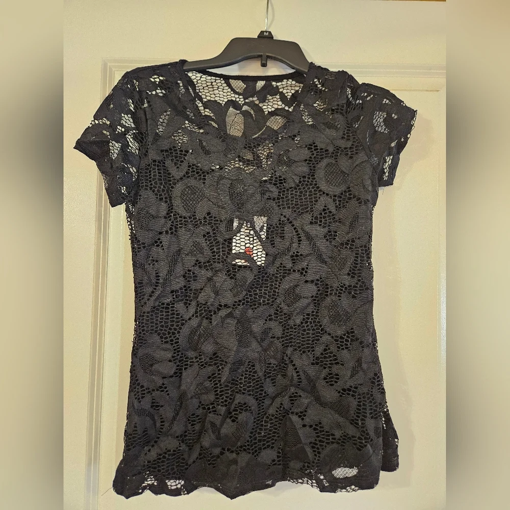 Black Lace Top With Attached Camisole, INC Concepts, XS, NWT - Picture 5 of 6